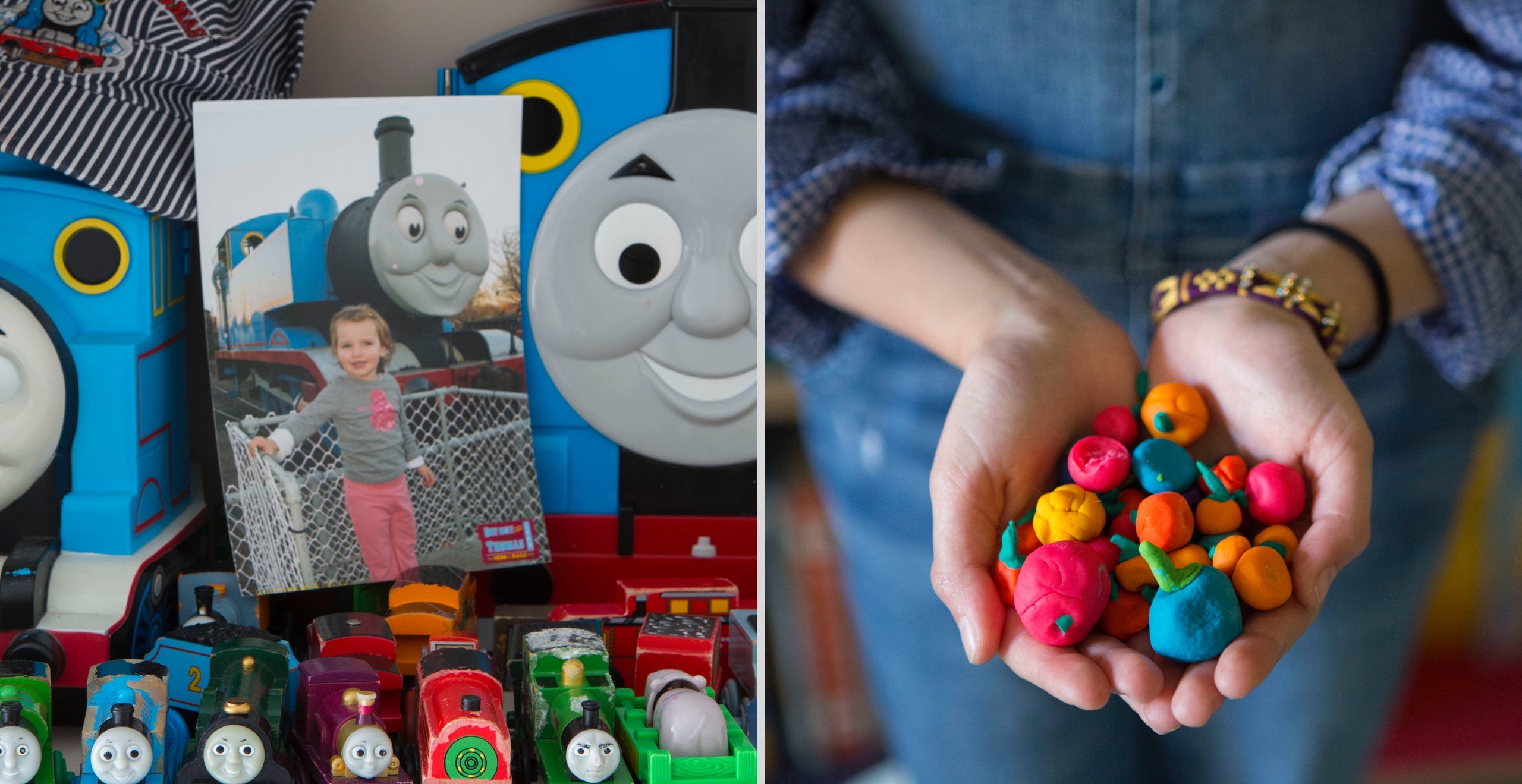 Mary’s toy train engines collected since she was 2 and a handful of tiny pumpkins