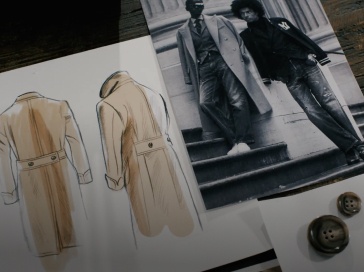 Sketch of camel Polo coat next to black-and-white photo.