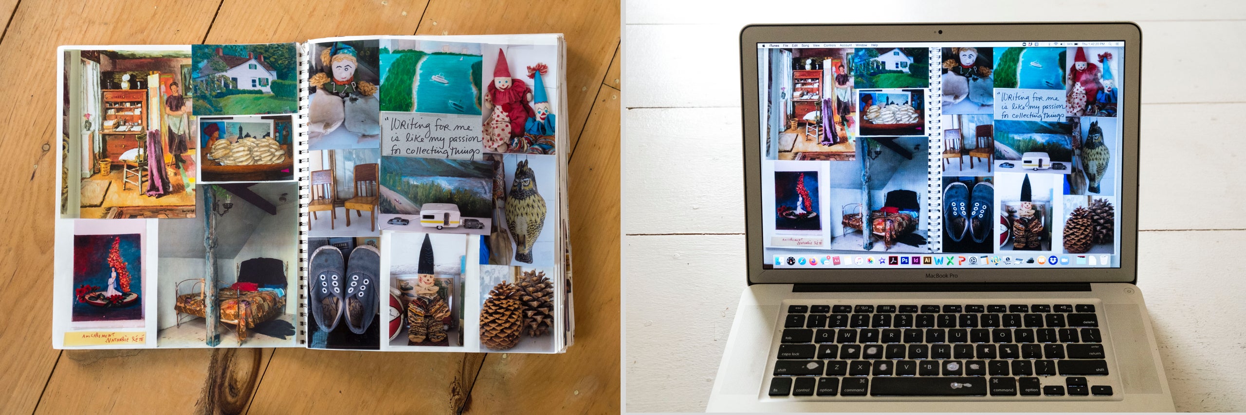 <em>Left:</em> A flea market collector’s scrapbook of found treasures collaged into an oversize scrapbook. (Guess whose?); <em>Right:</em> Create a digital collage and save it on your computer’s desktop. Personalize it with a handwritten message and change it often